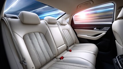 Luxurious car interior with white leather seats and blurred motion background, offering comfort and style during travel