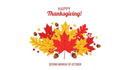 Happy Thanksgiving Autumn Leaves and Acorns Illustration.