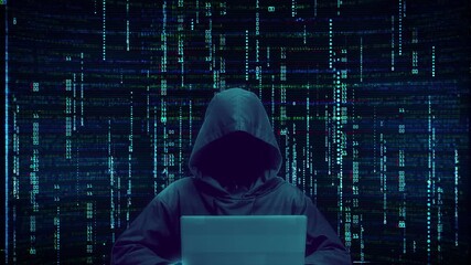 Anonymous Hacker in Hoodie Working on Laptop with Falling Binary Code and Glitch Effect - Powered by Adobe