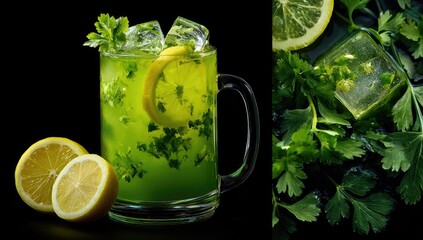 Refreshing Green Celery Drink with Lemon and Ice.