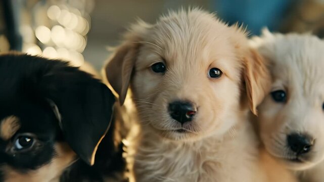 Two puppies are close together in a cozy setting, showcasing their playful expressions and soft fur. One puppy has dark fur while the other has light fur, emphasizing their contras