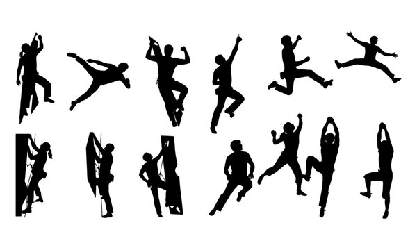Dynamic collection of rock climbing and bouldering athlete silhouettes in various poses