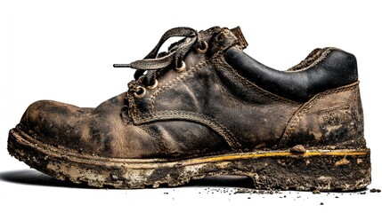 白い背景に泥の染みがある使い古した革の作業靴