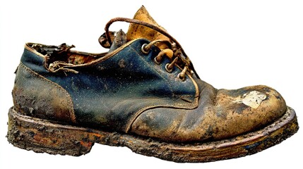 白い背景に泥の染みがある使い古した革の作業靴