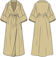 Baggy Sleeve Over Coat, Trench Coat Front and Back Fashion Illustration, Vector, CAD, Technical Drawing, Flat Drawing, Template, Mockup.