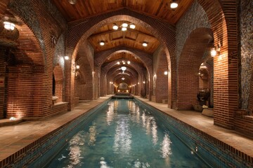 Elegant Indoor Pool with Brick Architecture.