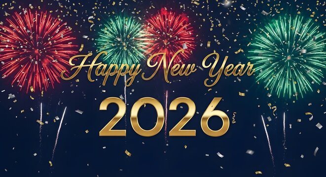 Spectacular fireworks display illuminating the night sky with the text happy new year 2026 and falling confetti - Powered by Adobe