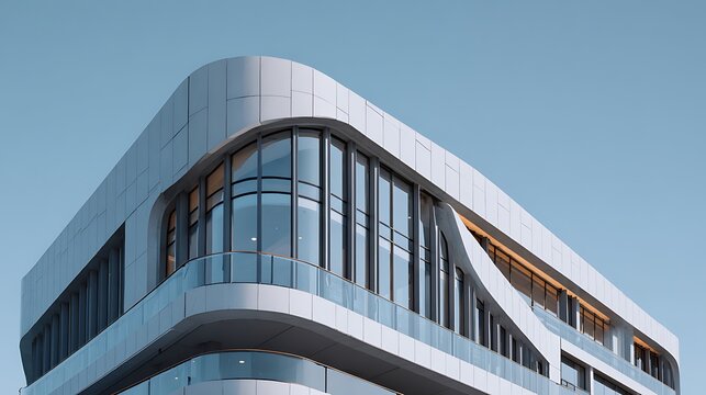 Modern curved building facade with glass windows against blue sky.