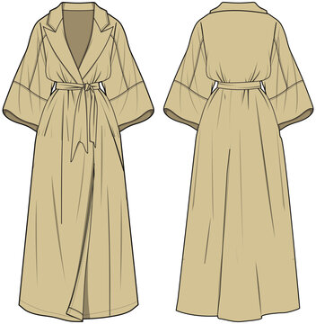 Baggy Sleeve Over Coat, Trench Coat Front and Back Fashion Illustration, Vector, CAD, Technical Drawing, Flat Drawing, Template, Mockup.