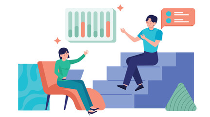 Two businessmen collaborating on presentation and business success planning. Memphis business illustration.