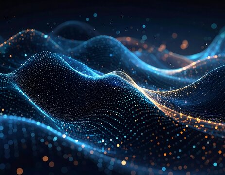 Abstract digital waves made of glowing blue and gold dots - Powered by Adobe