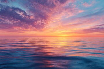 Obraz premium Vibrant sunrise over calm ocean with a peaceful sky reflecting colorful hues at dawn