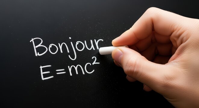 Hand writing bonjour e=mc² on chalkboard with white chalk