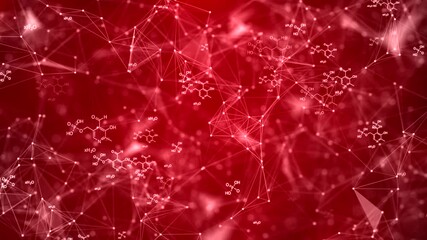 Abstract Red Science Background with Chemical Formulas and Plexus Network Loop - Powered by Adobe