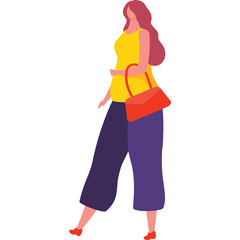 Woman In Yellow Top And Purple Pants Holding Orange Handbag Isolated On White Background Full Body