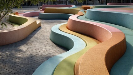 Colorful Curved Park Benches in a Sunny Outdoor Setting.