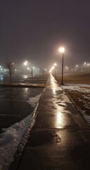 Foggy Night Walkway Under Streetlights.