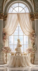 Elegant Wedding Cake Display in a Grand Room.