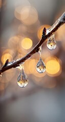 Delicate Water Droplets on a Branch in Soft Light.