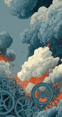 Abstract Mechanical Cloudscape with Gears and Smoke.