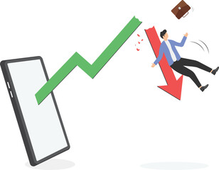 economic bubble crisis cause investors to be in debt or bankrupt concept. Businessman holding falling red estate graph arrow.
