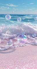 Pastel Pink Beach Scene with Bubbles.