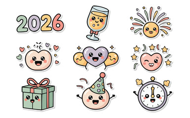 Fototapeta premium Adorable 2026 New Year's Eve celebration with kawaii party icons ready for festive designs, perfect for greeting cards and social media posts