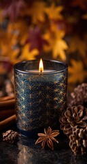 Autumn Scented Candle with Pine Cones and Cinnamon Sticks.