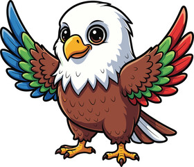 Cute cartoon eagle character with colorful wings, friendly bird mascot illustration, flying animal icon for kids, wildlife and patriotic themes
