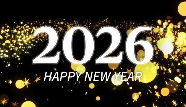 2026 Happy New Year, animated message with shooting star with a tail leaving illuminated golden particles behind on a black background