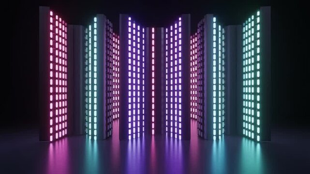 Digital sound wave spectrum design on an abstract rainbow binary code background