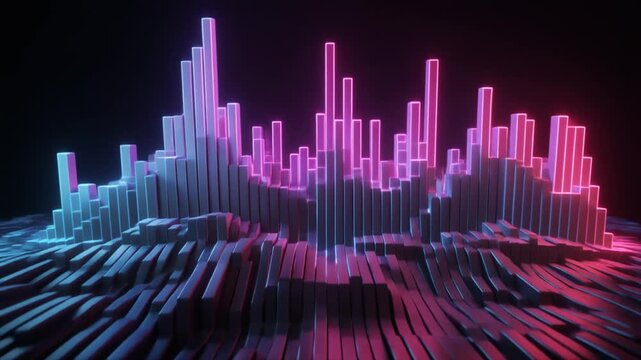 Blue abstract sound wave background with a light silhouette of a city skyline and skyscraper architecture illustration at night