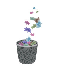 Gray recycle bin with garbage. Trash falls into the trash can. Isolated on white background.