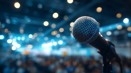Microphone in a concert hall with blue lights and bokeh.