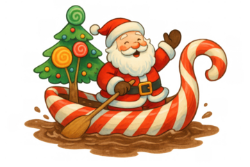 Santa claus paddling candy cane boat, smiling and waving, celebrating sweet christmas holiday happiness