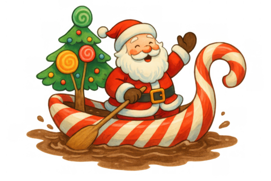 Santa claus paddling candy cane boat, smiling and waving, celebrating sweet christmas holiday happiness
