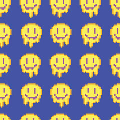 Melting Smiley Face Pixel Art Pattern on Purple. Ideal for digital and textile design projects.