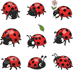 Cute cartoon ladybugs set, kawaii ladybird illustrations, red beetles with black spots, happy insects, spring bug collection, adorable nature characters