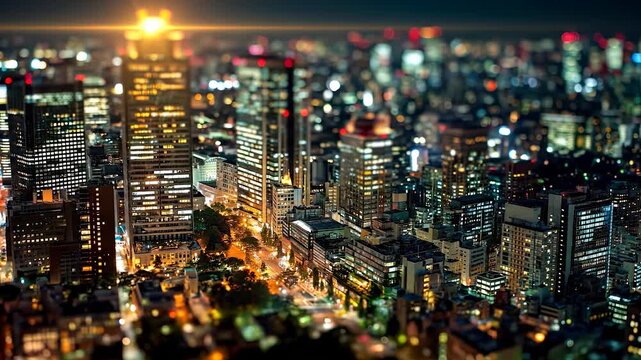 The image features a vibrant city skyline at night, where tall buildings are lit by numerous lights. This bustling skyline showcases the dynamic atmosphere of urban life in the cit