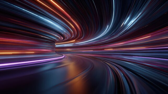 Abstract light trails in tunnel, futuristic background with neon glow, speed of light, hyperloop concept, 3d rendering