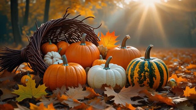Close-Up of Harvest Cornucopia with Pumpkins, Gourds, and Maple Leaves