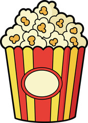 Cute cartoon popcorn bucket illustration, cinema snack clipart, tasty movie popcorn food graphic, fun entertainment snack design for kids and menus