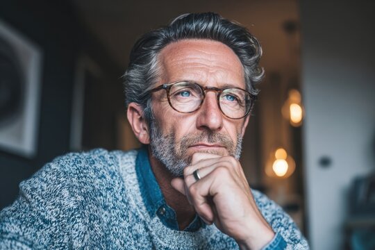 Pensive mature man deep in thought at home, showcasing contemplation and introspection in a cozy indoor setting during the late afternoon