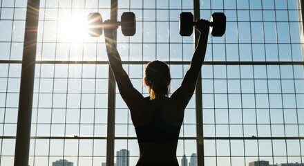 Silhouette of a woman lifting heavy dumbbells overhead against a bright sunny window.