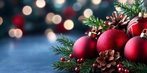 Fototapeta premium Red christmas baubles, pine branches, and copy space