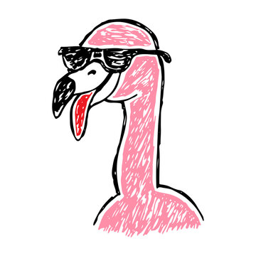 Pink flamingo wearing black sunglasses vector hand drawn animal logo character