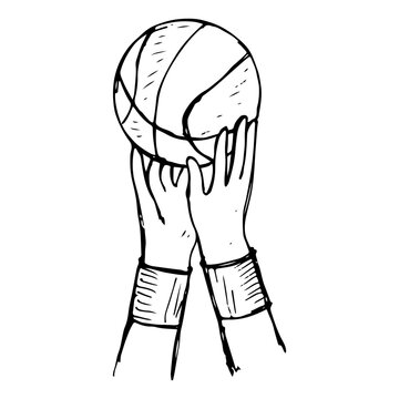 Hands preparing to shoot a basketball, sport basketball element hand drawn
