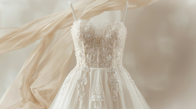 A beautiful wedding dress with intricate lace detailing and a flowing tulle skirt.