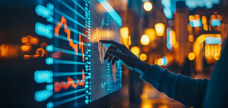 Person analyzing financial data on a digital display at night