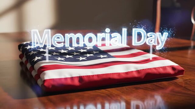 Memorial Day text shimmering over folded american flag on wood table with sun light, patriotic holiday for veterans